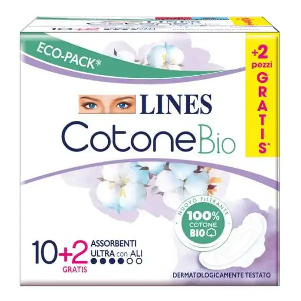 Lines  Cotone Bio Assorbenti Ultra Con Ali 10+2 Pezzi | Risparmia in Farmacia